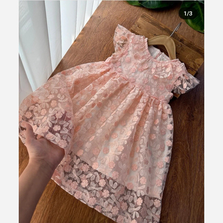 پیراهن دخترانه مجلسی تور با گل برجسته مناسب 3 تا 10 سال