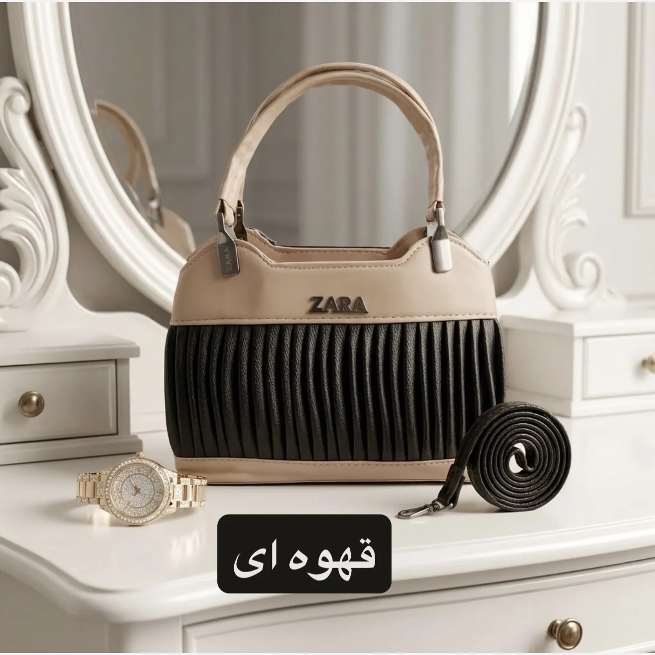 کیف زنانه مجلسی چرم مصنوعی زیپدار با بند بلند