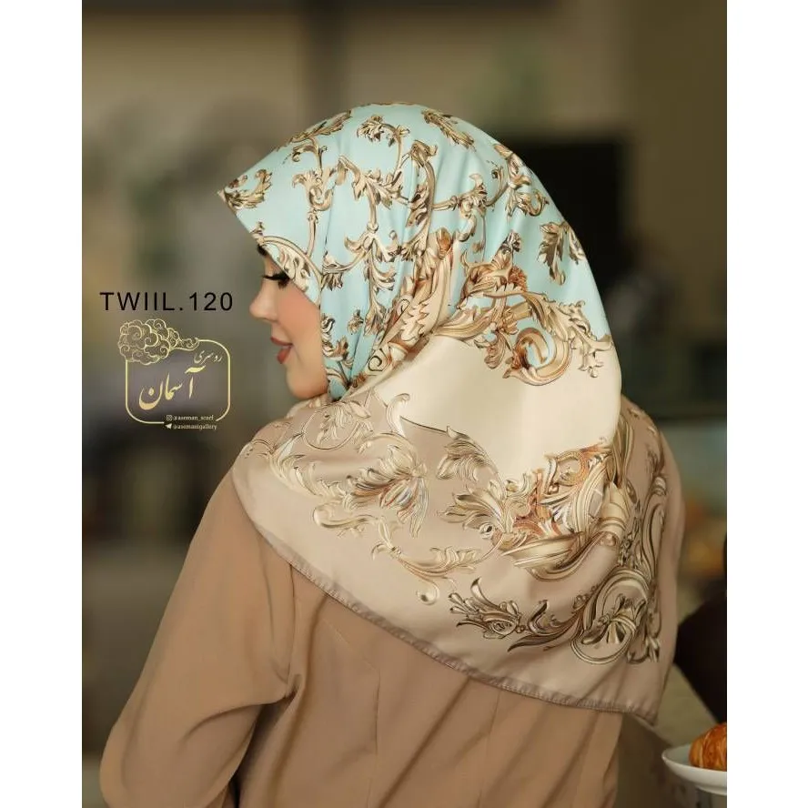 روسری ساتن ابریشم طرح رزیتا قواره 140 دور دوخت ایستایی عالی