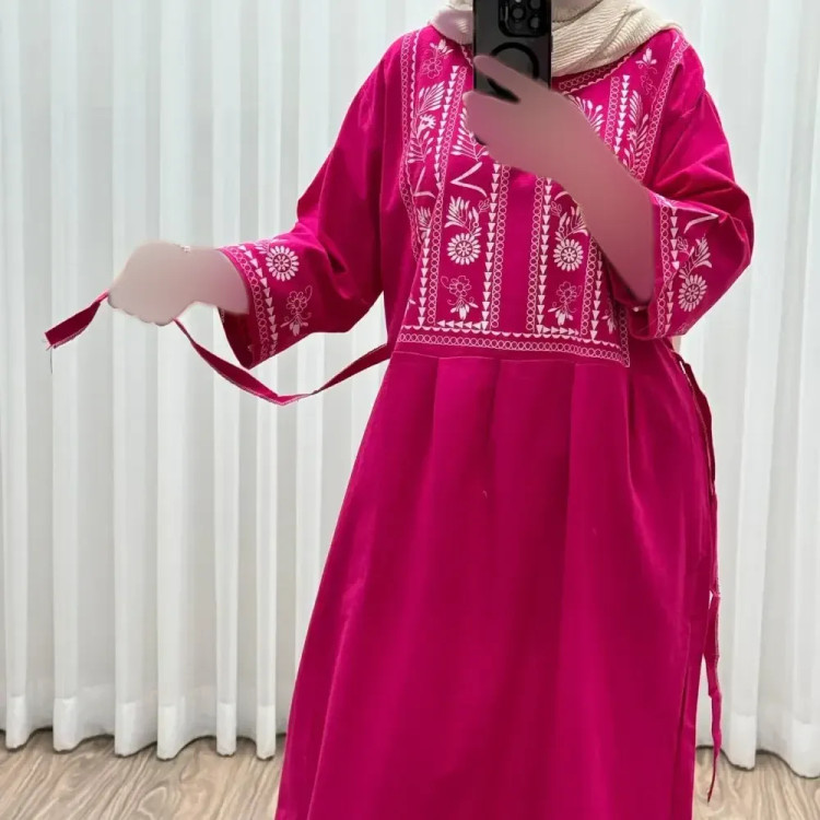 پیراهن زنانه لینن طرح مایا فری سایز مناسب تا 48 با کمربند