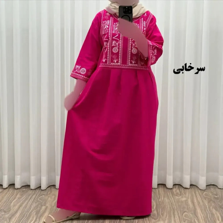 پیراهن زنانه لینن طرح مایا فری سایز مناسب تا 48 با کمربند