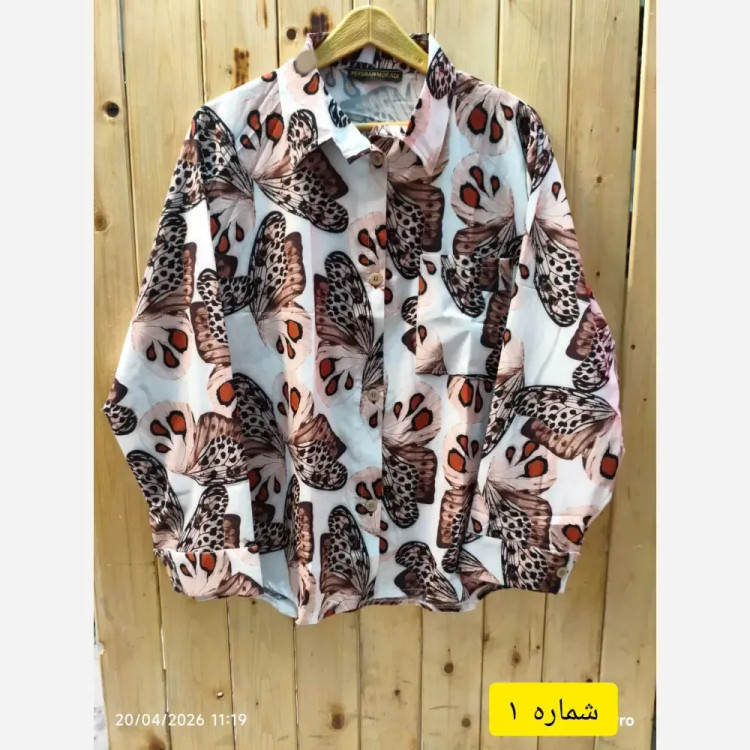 شومیز مانتویی تابستانه یقه مردانه طرح پروانه جنس بوگاتی ضد چروک